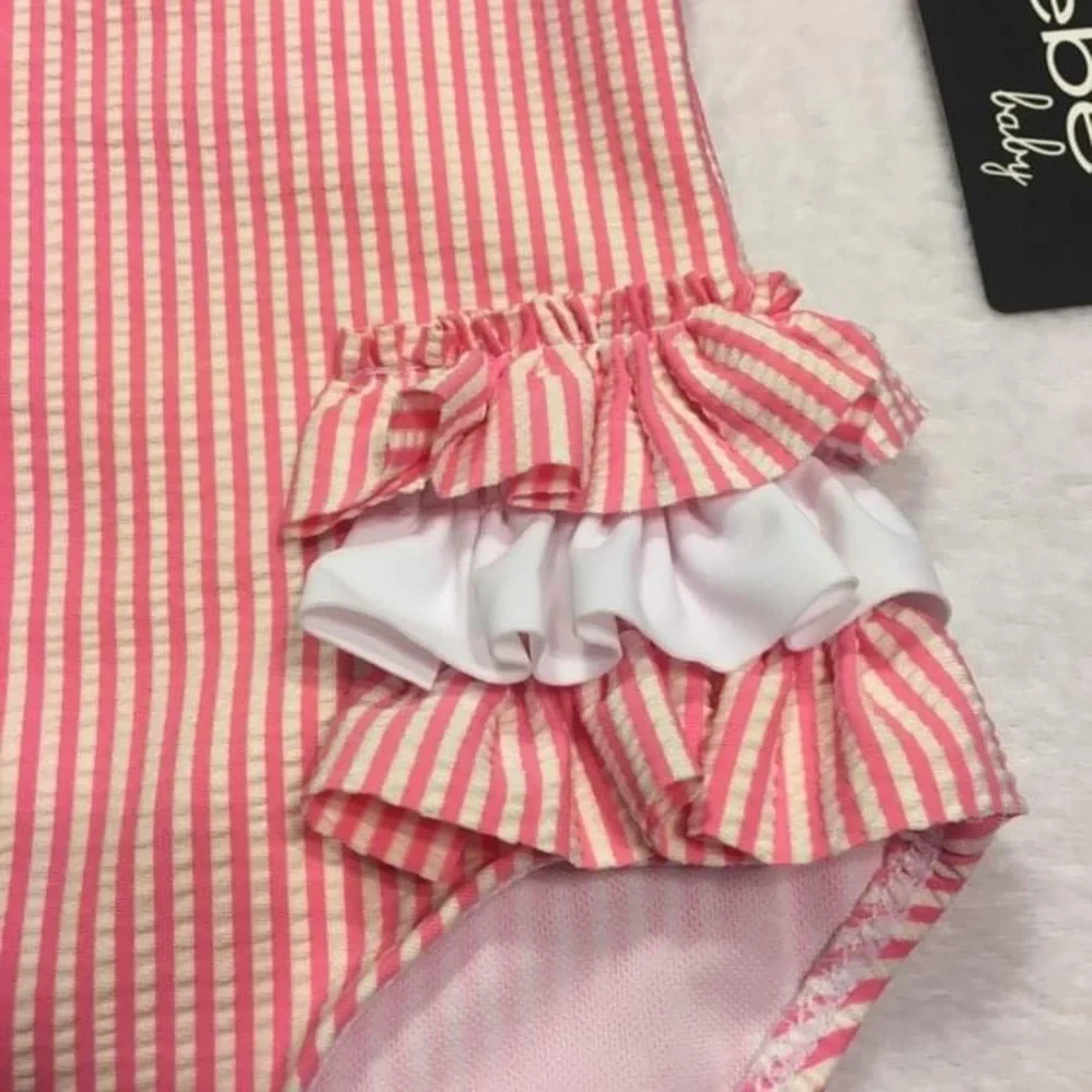Bebe Swimsuit Baby‎ Girls 12M Pink New Seersucker Sequin Ruffle One Piece